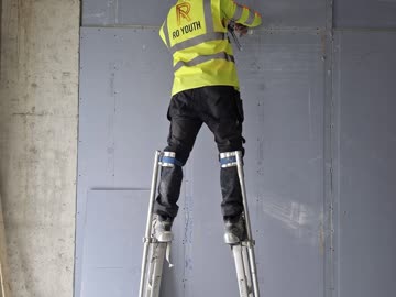 RO Youth operative on stilts finishing a wall